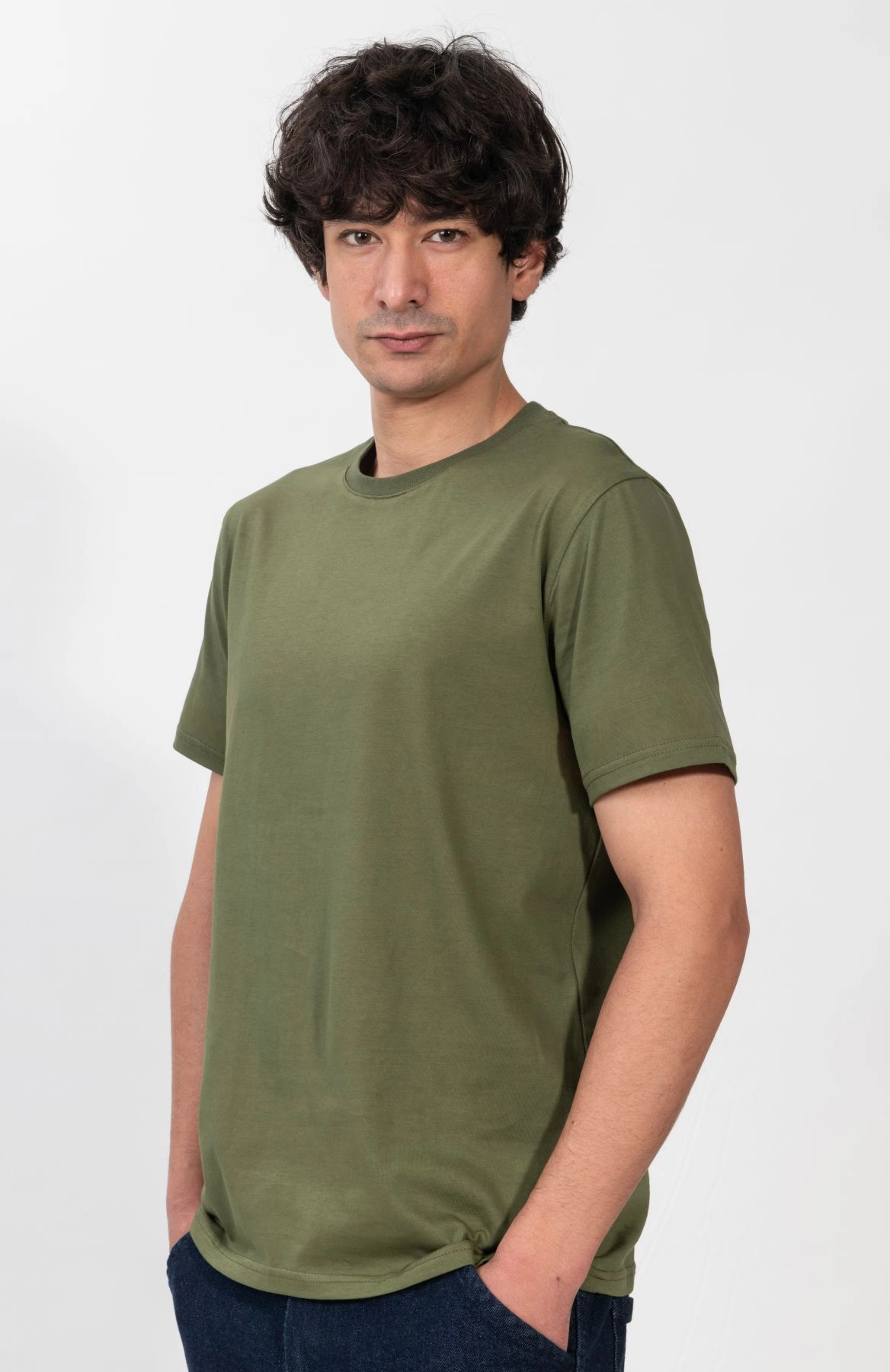%100 Pamuk Basic Tişört Rahat Kalıp Unisex Günlük Spor T-Shirt Haki Yeşil