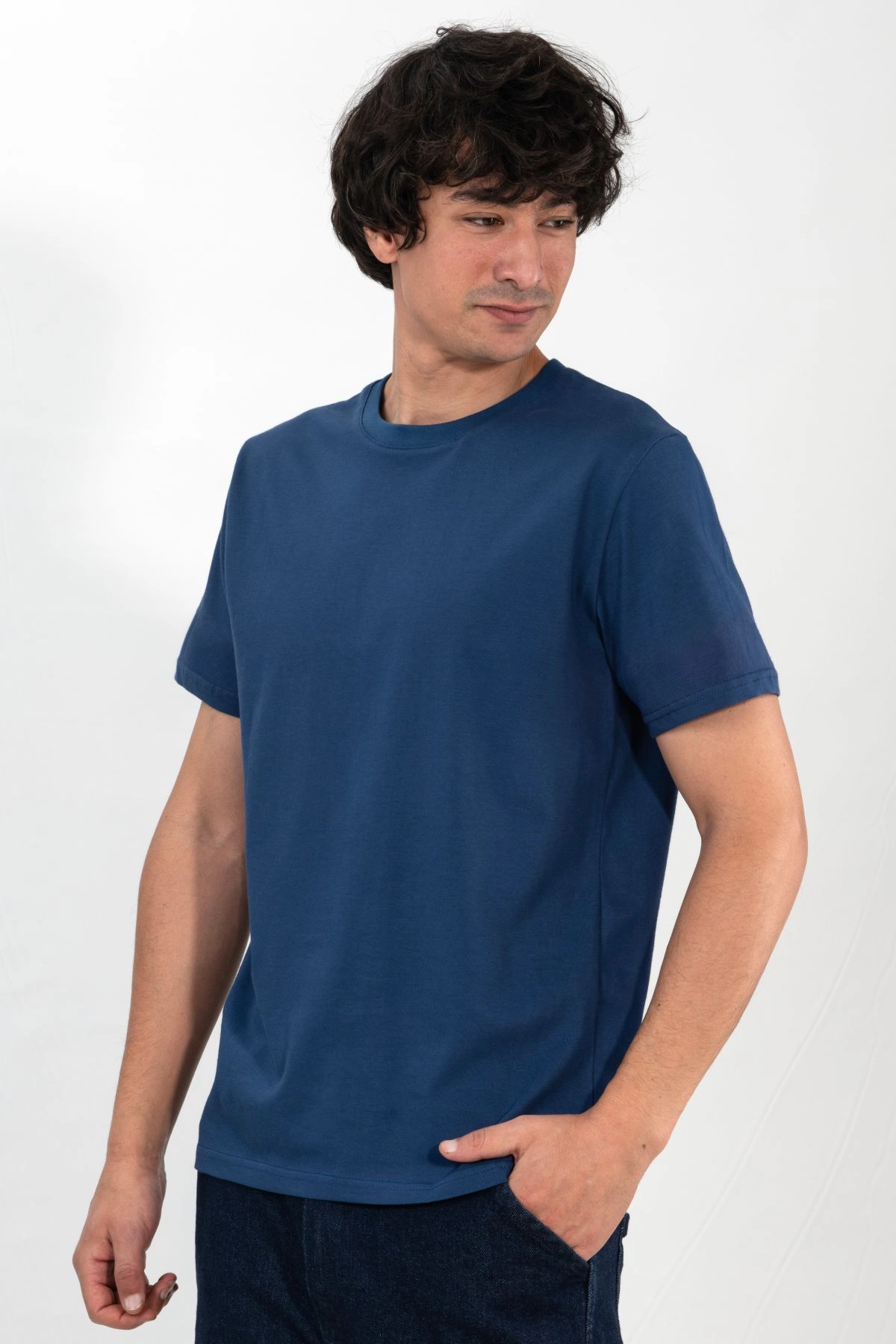 %100 Pamuk Basic Tişört Rahat Kalıp Unisex Günlük Spor T-Shirt Mavi