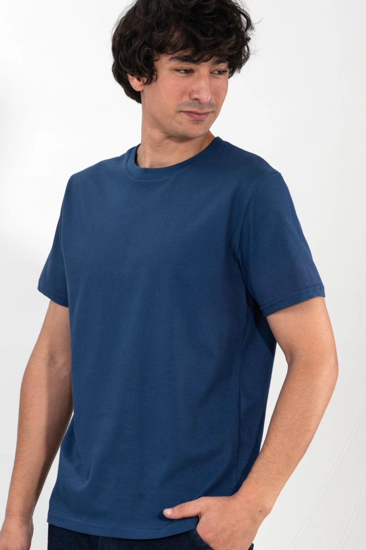 %100 Pamuk Basic Tişört Rahat Kalıp Unisex Günlük Spor T-Shirt Mavi