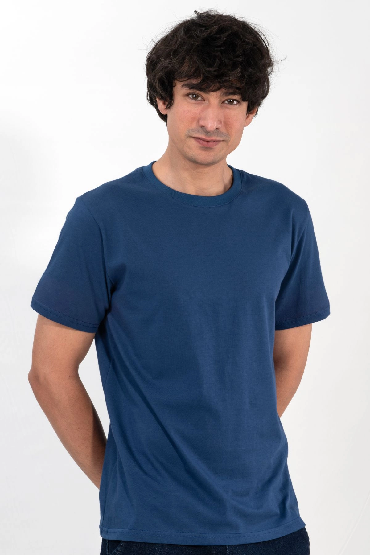 %100 Pamuk Basic Tişört Rahat Kalıp Unisex Günlük Spor T-Shirt Mavi