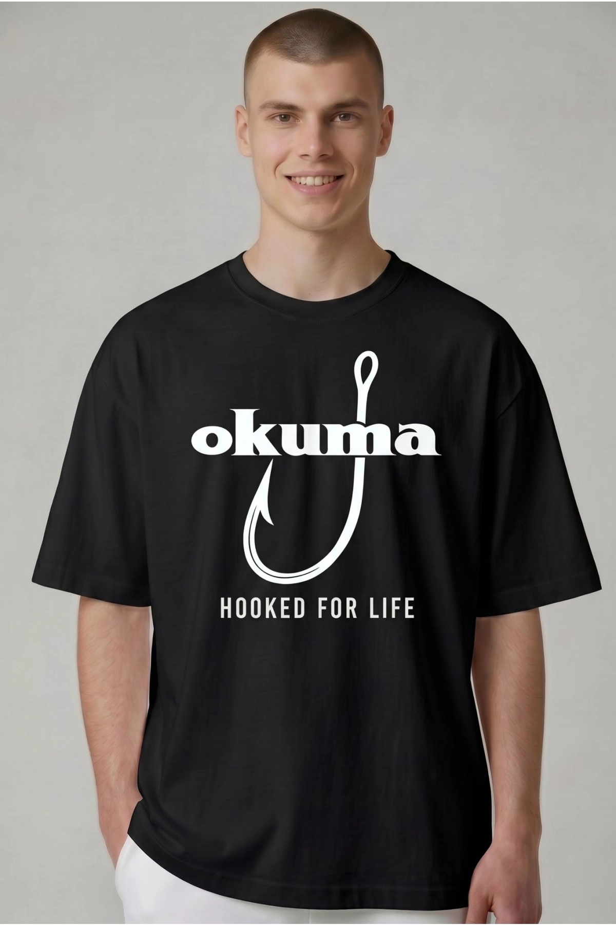 Etifa Oversize Balıkçı Tişörtü Okuma Hooked For Life %100 Pamuk Premium Siyah Unisex