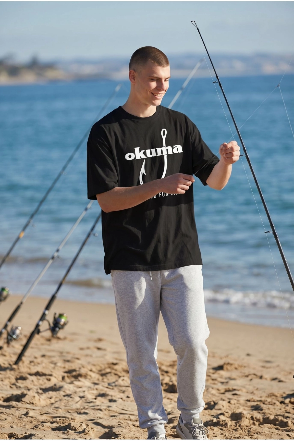 Etifa Oversize Balıkçı Tişörtü Okuma Hooked For Life %100 Pamuk Premium Siyah Unisex