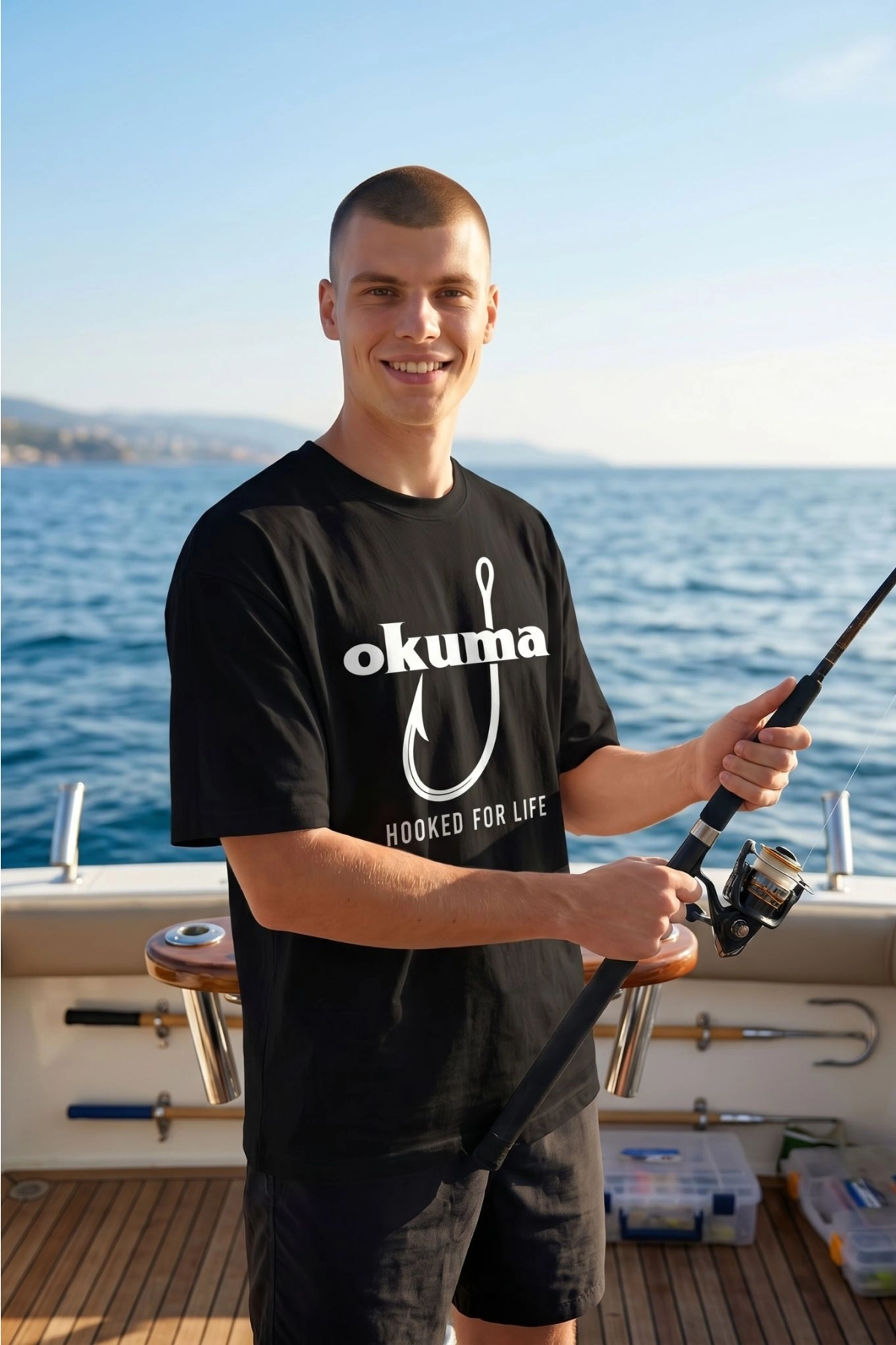 Etifa Oversize Balıkçı Tişörtü Okuma Hooked For Life %100 Pamuk Premium Siyah Unisex