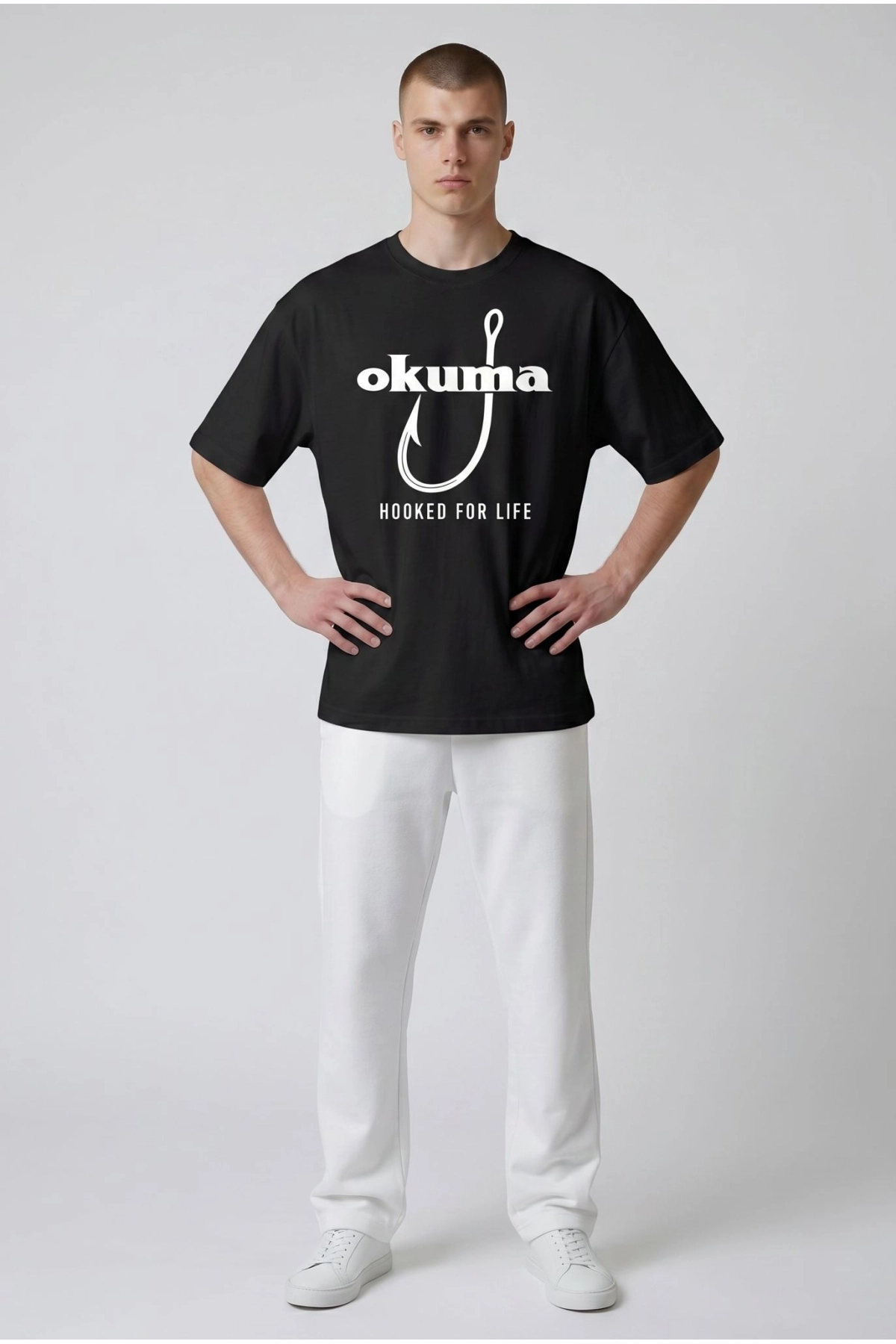 Etifa Oversize Balıkçı Tişörtü Okuma Hooked For Life %100 Pamuk Premium Siyah Unisex