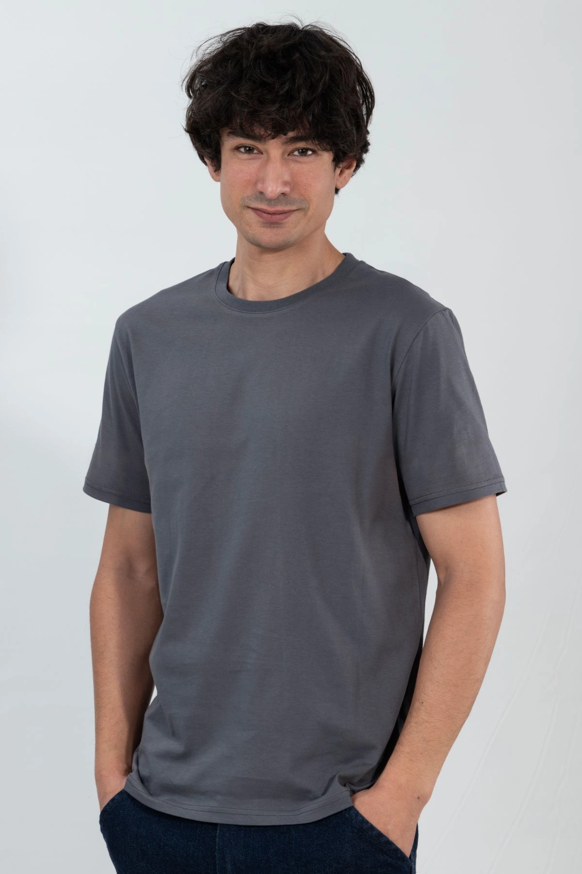 %100 Pamuk Basic Tişört Rahat Kalıp Unisex Günlük Spor T-Shirt Füme