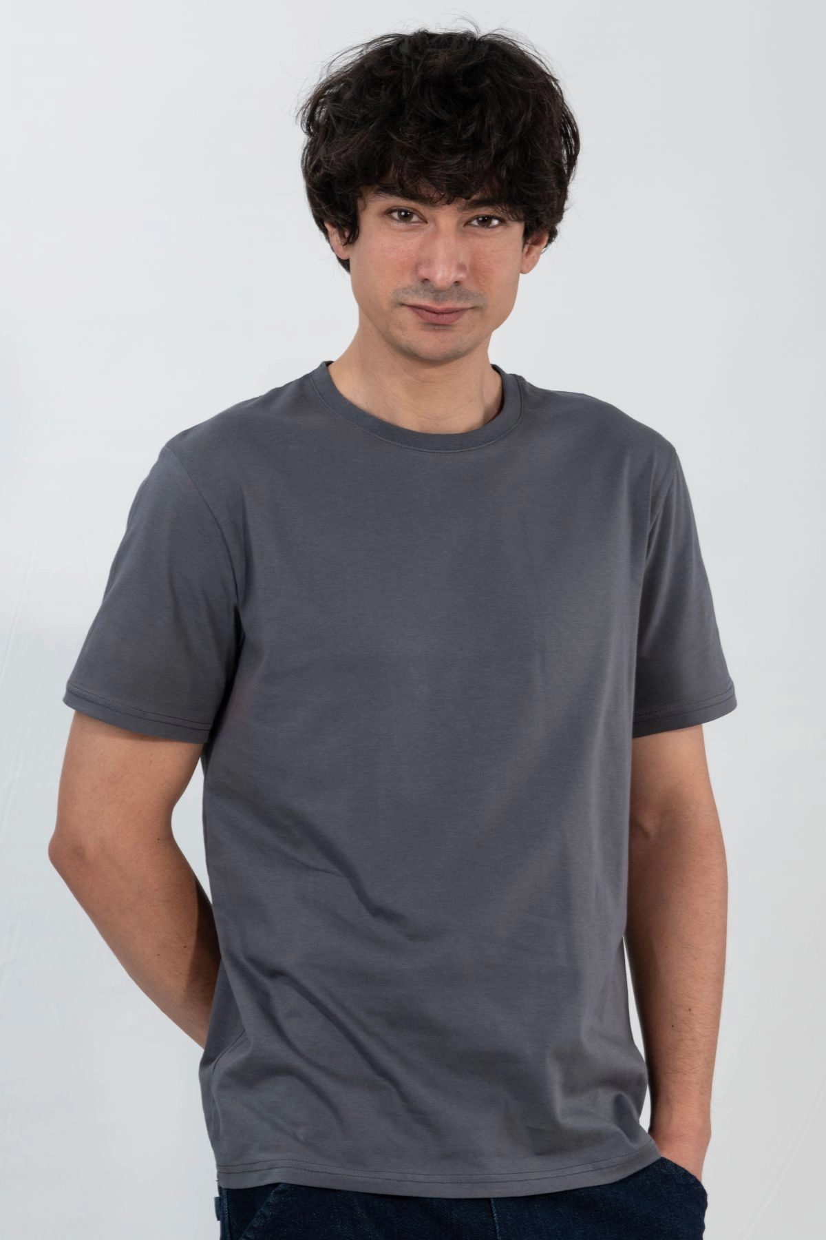%100 Pamuk Basic Tişört Rahat Kalıp Unisex Günlük Spor T-Shirt Füme