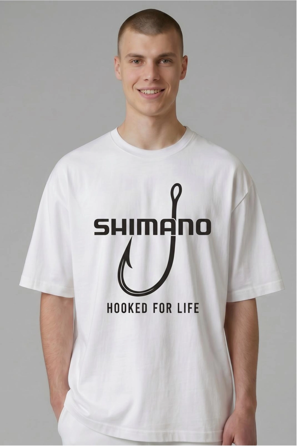 Etifa Oversize Balıkçı Tişörtü Shimano Hooked For Life %100 Pamuk Premium Beyaz Unisex