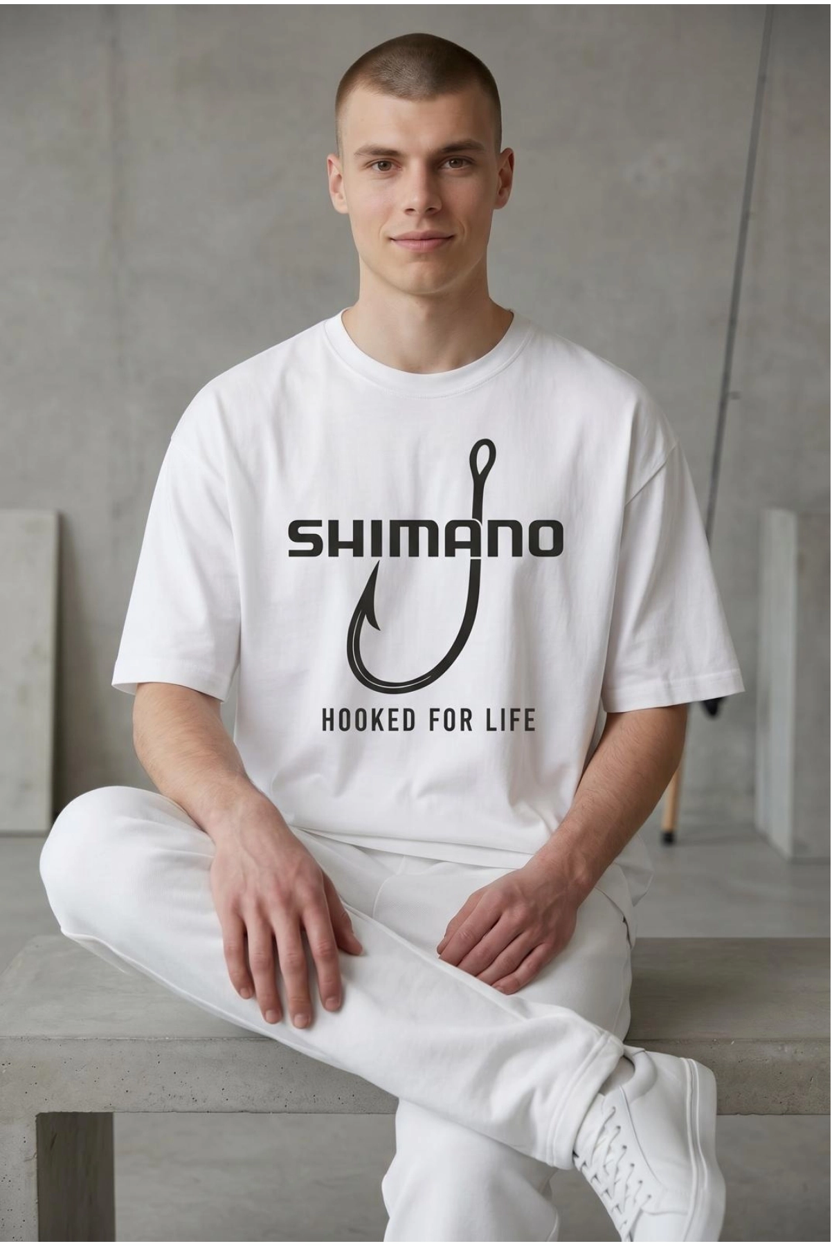 Etifa Oversize Balıkçı Tişörtü Shimano Hooked For Life %100 Pamuk Premium Beyaz Unisex