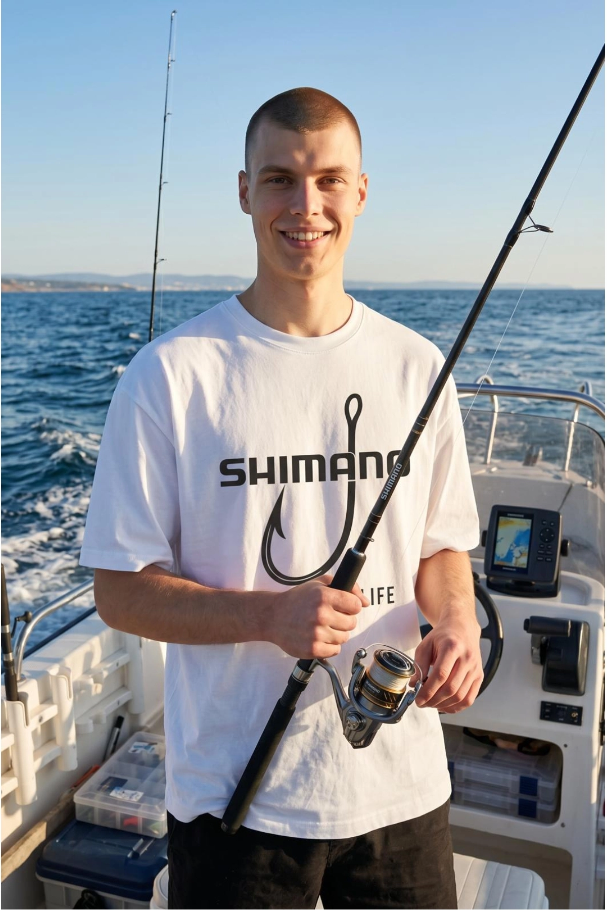 Etifa Oversize Balıkçı Tişörtü Shimano Hooked For Life %100 Pamuk Premium Beyaz Unisex