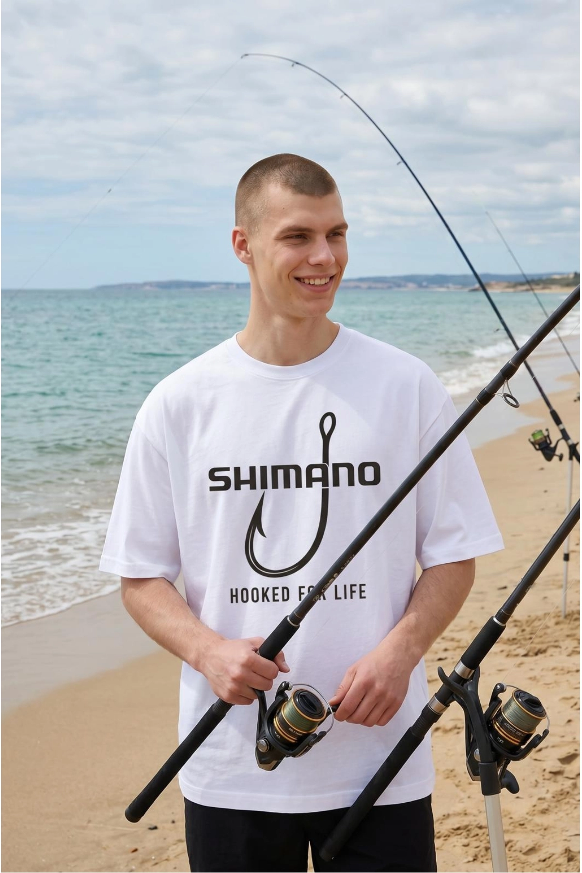 Etifa Oversize Balıkçı Tişörtü Shimano Hooked For Life %100 Pamuk Premium Beyaz Unisex