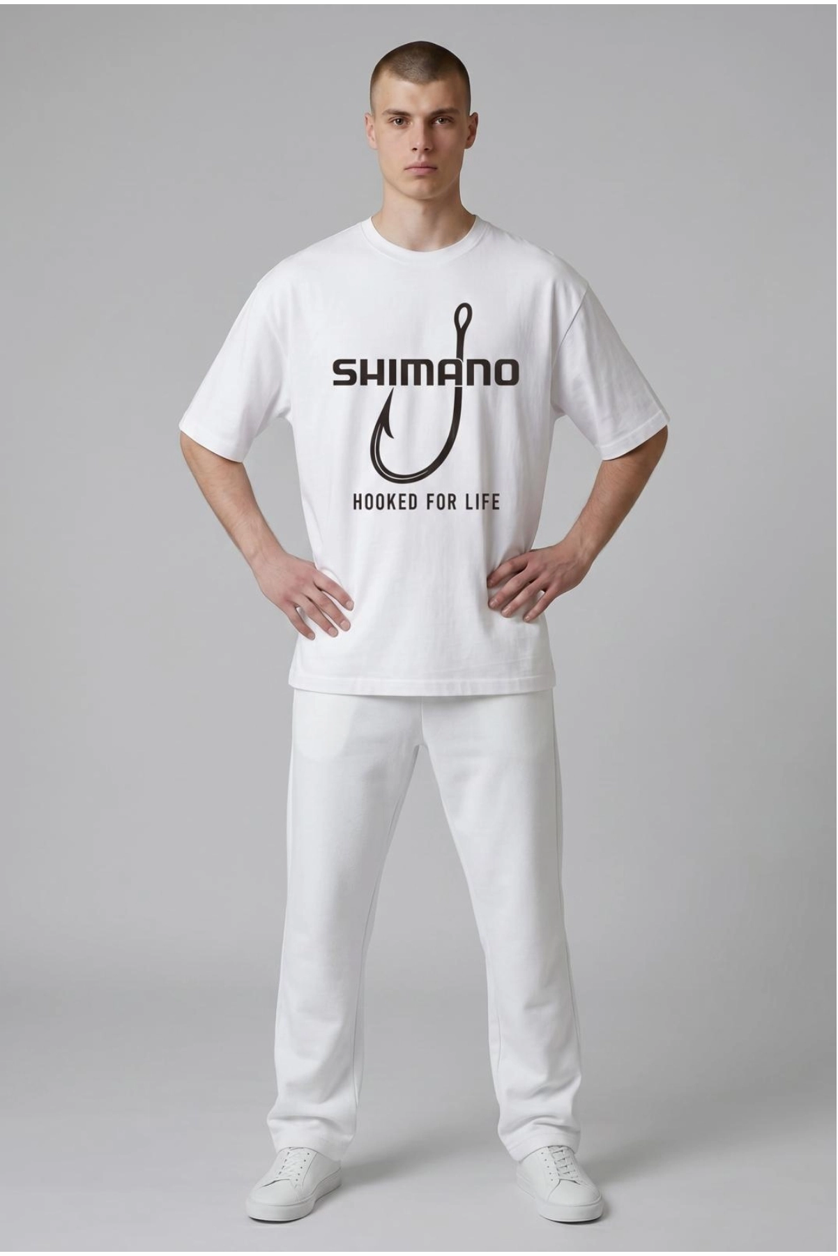 Etifa Oversize Balıkçı Tişörtü Shimano Hooked For Life %100 Pamuk Premium Beyaz Unisex