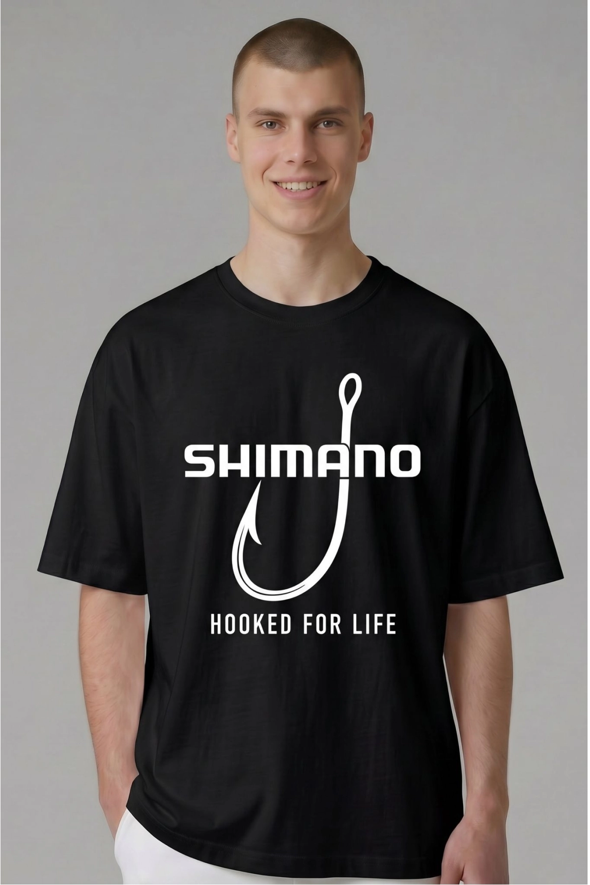 Etifa Oversize Balıkçı Tişörtü Shimano Hooked For Life %100 Pamuk Premium Siyah Unisex