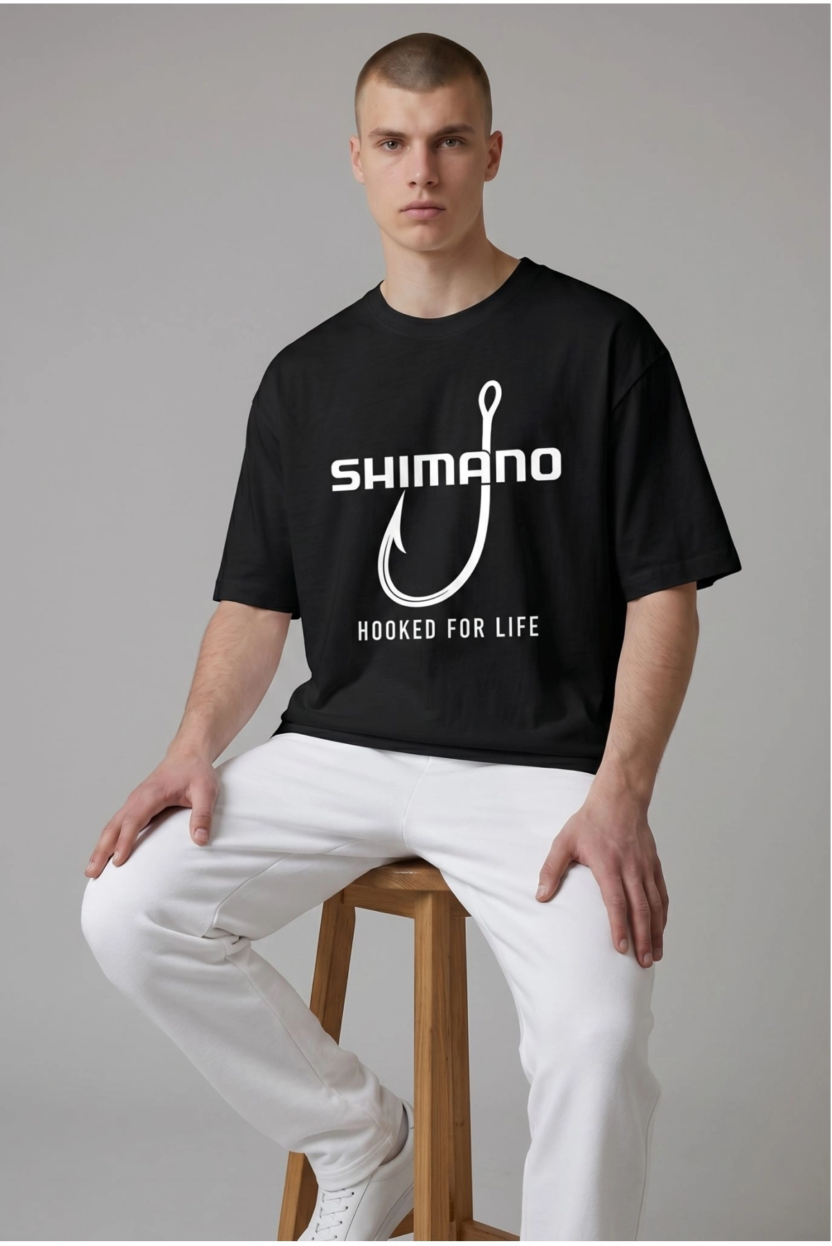Etifa Oversize Balıkçı Tişörtü Shimano Hooked For Life %100 Pamuk Premium Siyah Unisex