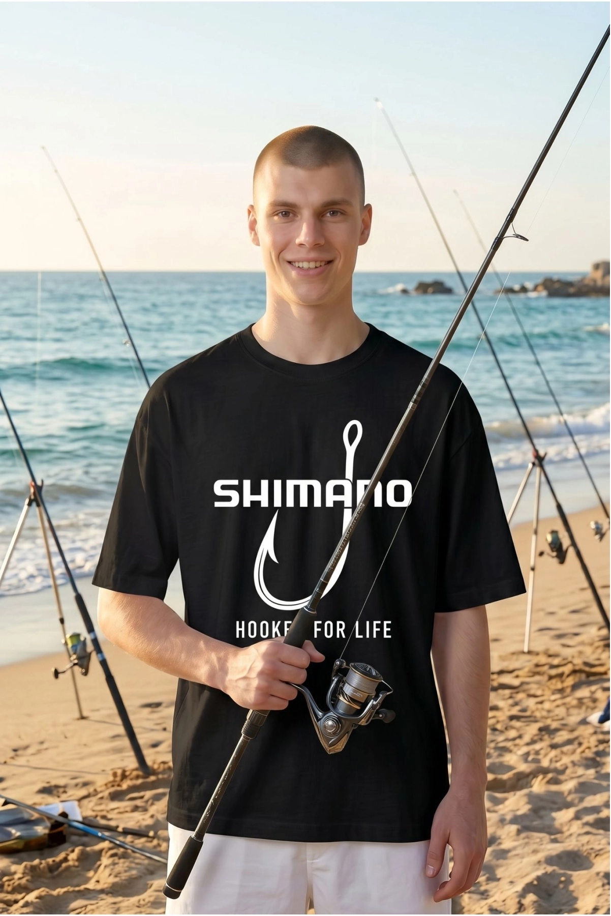 Etifa Oversize Balıkçı Tişörtü Shimano Hooked For Life %100 Pamuk Premium Siyah Unisex