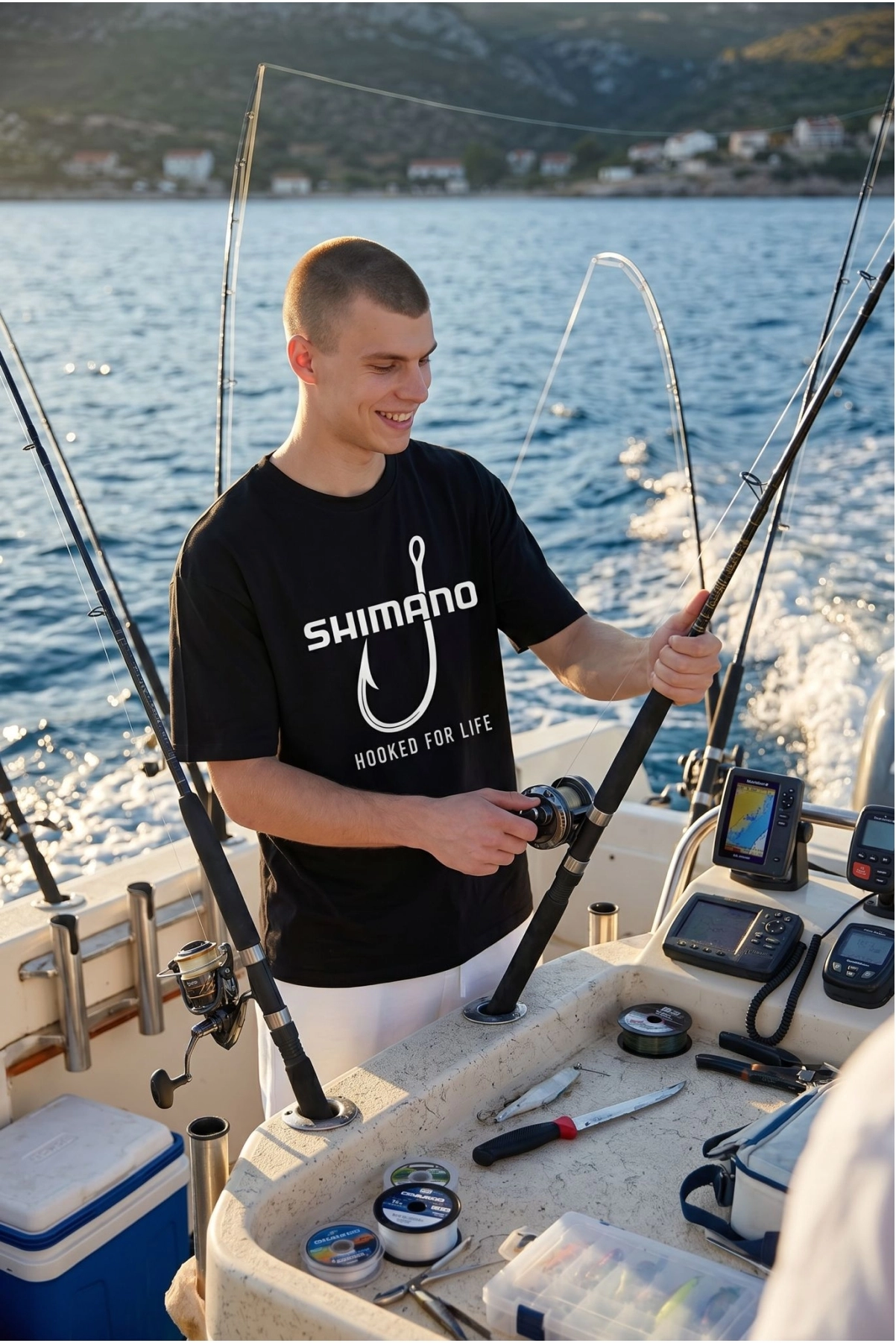 Etifa Oversize Balıkçı Tişörtü Shimano Hooked For Life %100 Pamuk Premium Siyah Unisex