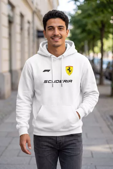 Hamilton Scuderia F1 Baskılı Beyaz Kapüşonlu Sweatshirt - Formula Yarış Temalı Hoodie