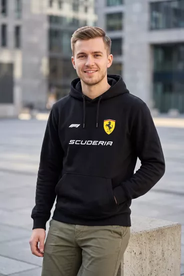 Hamilton Scuderia F1 Baskılı Siyah Kapüşonlu Sweatshirt - Formula Yarış Temalı Hoodie