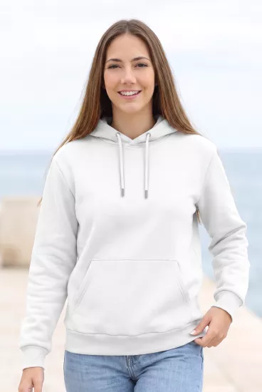 Unisex Beyaz Kapüşonlu Sweatshirt 3 İplik Şardonlu Kanguru Cepli Düz Hoodie
