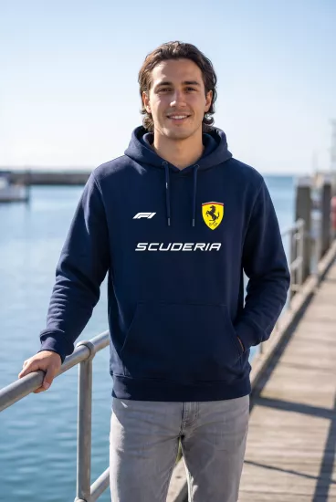 Hamilton Scuderia F1 Baskılı Lacivert Kapüşonlu Sweatshirt - Formula Yarış Temalı Hoodie