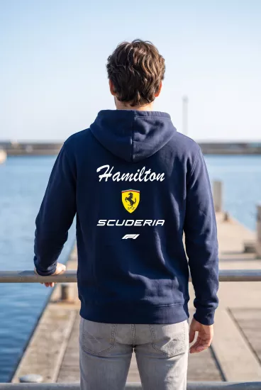 Hamilton Scuderia F1 Baskılı Lacivert Kapüşonlu Sweatshirt - Formula Yarış Temalı Hoodie