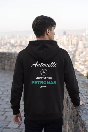 Unisex Siyah Kapüşonlu Sweatshirt – Mercedes AMG Petronas Antonelli F1 Baskılı Hoodie