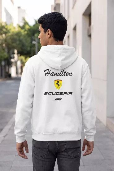 Hamilton Scuderia F1 Baskılı Beyaz Kapüşonlu Sweatshirt - Formula Yarış Temalı Hoodie