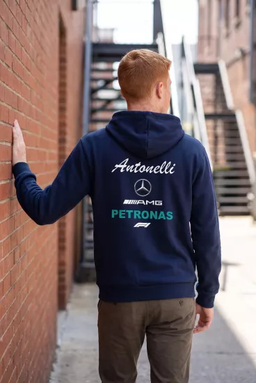 Unisex Lacivert Kapüşonlu Sweatshirt – Mercedes AMG Petronas Antonelli F1 Baskılı Hoodie