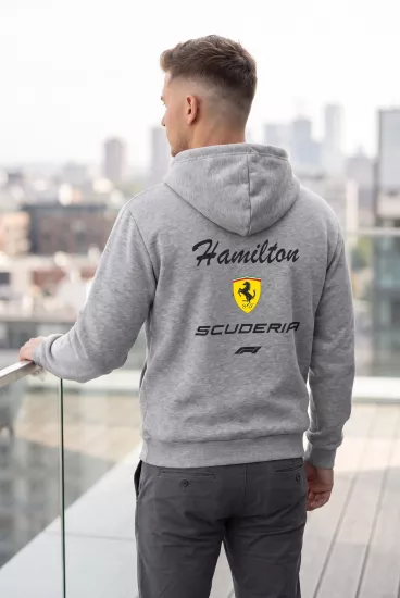 Hamilton Scuderia F1 Baskılı Gri Kapüşonlu Sweatshirt - Formula Yarış Temalı Hoodie