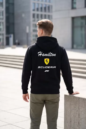 Hamilton Scuderia F1 Baskılı Siyah Kapüşonlu Sweatshirt - Formula Yarış Temalı Hoodie