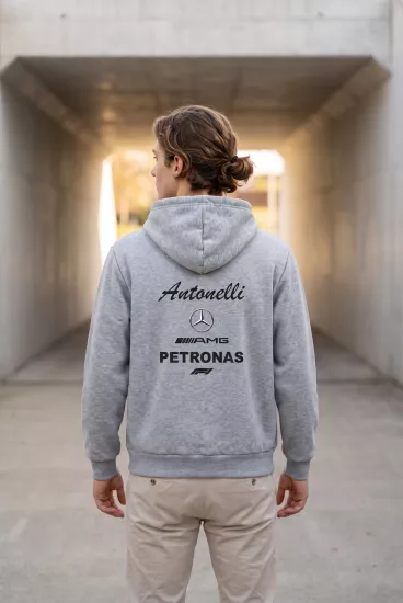 Unisex Gri Kapüşonlu Sweatshirt – Mercedes AMG Petronas Antonelli F1 Baskılı Hoodie