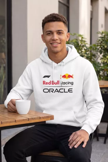 Unisex Beyaz Kapüşonlu Sweatshirt – Red Bull Racing Verstappen F1 Baskılı Hoodie
