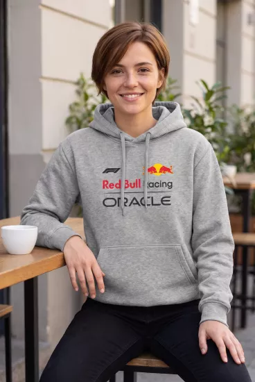 Unisex Gri Kapüşonlu Sweatshirt – Red Bull Racing Verstappen F1 Baskılı Hoodie