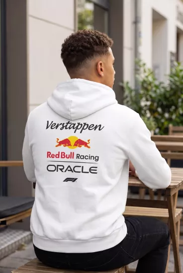Unisex Beyaz Kapüşonlu Sweatshirt – Red Bull Racing Verstappen F1 Baskılı Hoodie