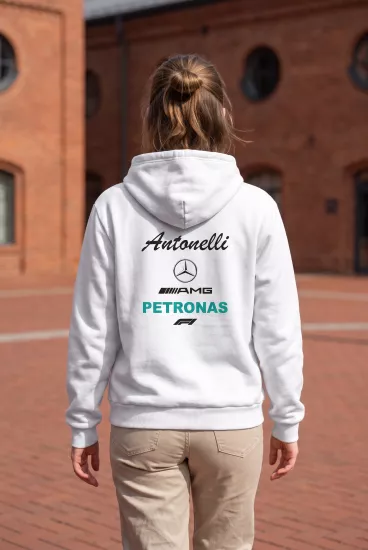 Unisex Beyaz Kapüşonlu Sweatshirt – Mercedes AMG Petronas Antonelli F1 Baskılı Hoodie