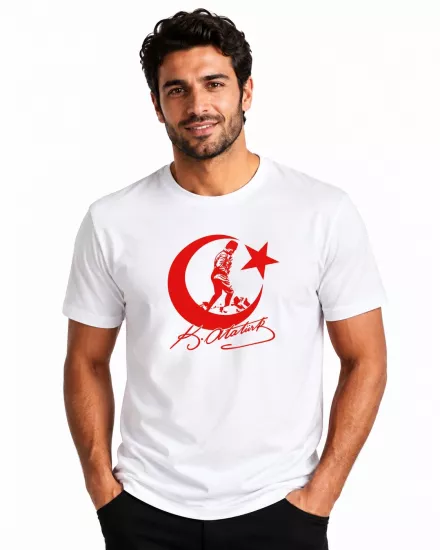 Etifa Atatürk Ay Yıldız İmzalı Premium Unisex %100 Pamuk Beyaz Tişört Kırmızı Baskı