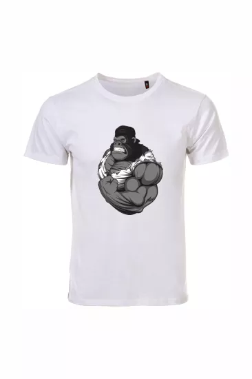 Gorilla Baskılı Unisex Beyaz %100 Pamuk Regular Fit Tişört  Günlük & Spor Tarz T-Shirt