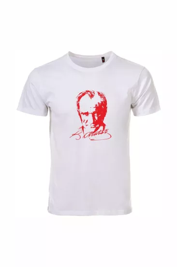 Unisex Beyaz %100 Pamuk Regular Tişört – Kırmızı Atatürk Baskılı, Günlük T-Shirt