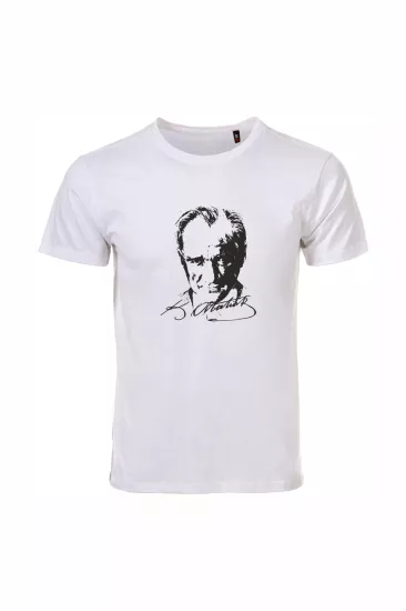 Unisex Beyaz %100 Pamuk Regular Tişört – Siyah Atatürk Baskılı, Günlük T-Shirt