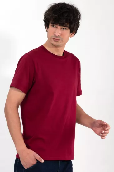 %100 Pamuk Basic Tişört Rahat Kalıp Unisex Günlük Spor T-Shirt Bordo