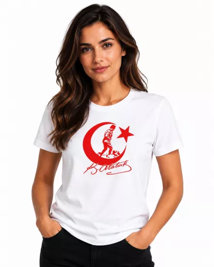 Etifa Atatürk Ay Yıldız İmzalı Premium Unisex %100 Pamuk Beyaz Tişört Kırmızı Baskı