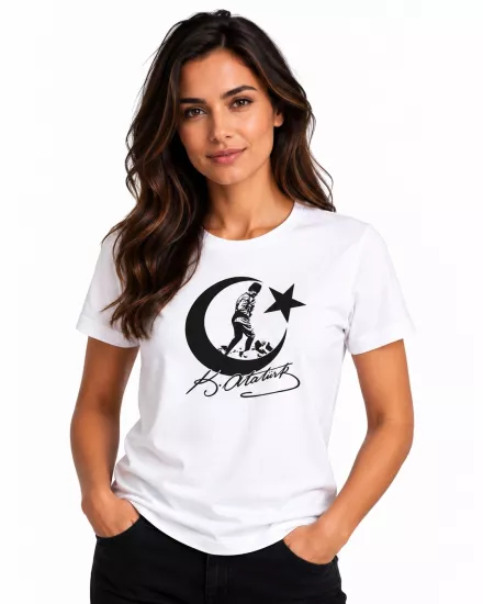 Etifa Atatürk Ay Yıldız İmzalı Premium Unisex %100 Pamuk Beyaz Tişört Siyah Baskı