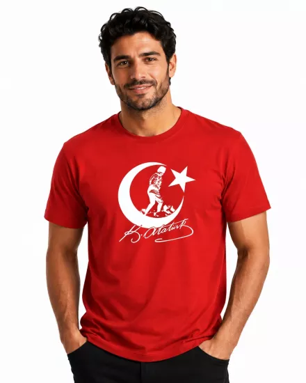Etifa Atatürk Ay Yıldız İmzalı Premium Unisex %100 Pamuk Kırmızı Tişört Beyaz Baskı