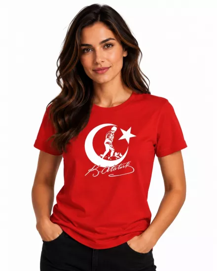Etifa Atatürk Ay Yıldız İmzalı Premium Unisex %100 Pamuk Kırmızı Tişört Beyaz Baskı