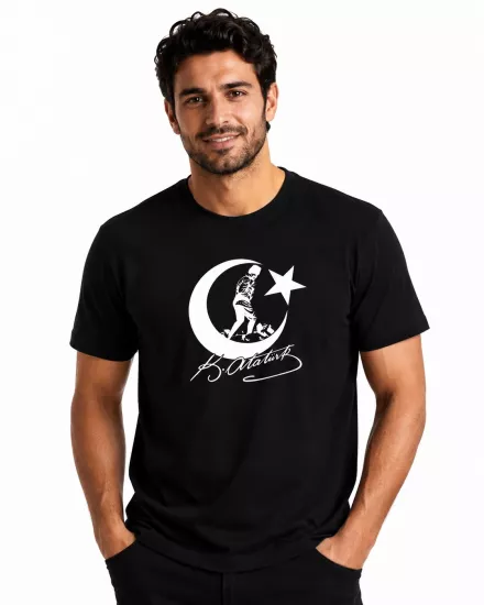 Etifa Atatürk Ay Yıldız İmzalı Premium Unisex %100 Pamuk Siyah Tişört Beyaz Baskı
