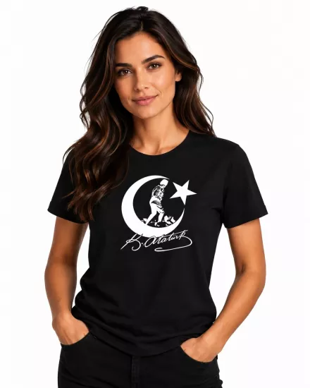 Etifa Atatürk Ay Yıldız İmzalı Premium Unisex %100 Pamuk Siyah Tişört Beyaz Baskı