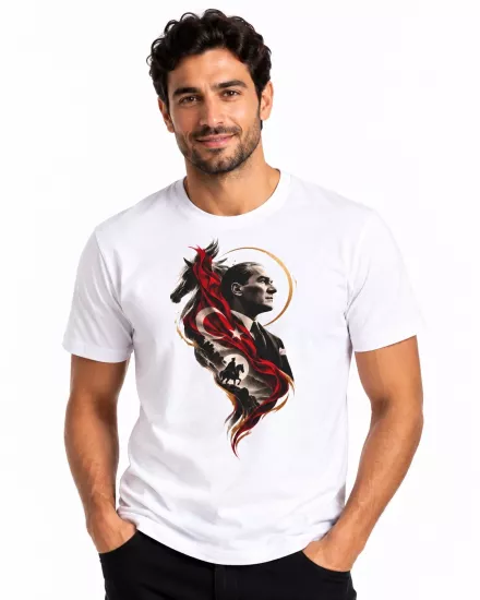 Etifa Atatürk Portre Türk Bayrağı Temalı Premium Unisex %100 Pamuk Beyaz Tişört