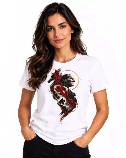 Etifa Atatürk Portre Türk Bayrağı Temalı Premium Unisex %100 Pamuk Beyaz Tişört