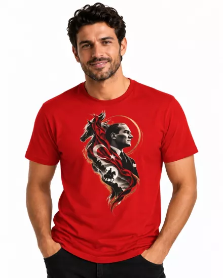 Etifa Atatürk Portre Türk Bayrağı Temalı Premium Unisex %100 Pamuk Kırmızı Tişört