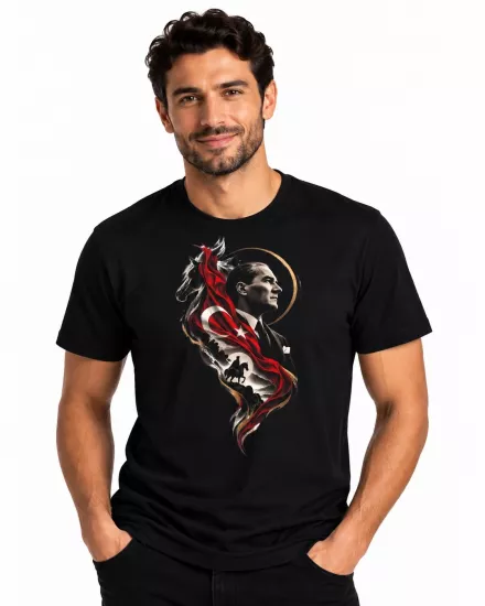 Etifa Atatürk Portre Türk Bayrağı Temalı Premium Unisex %100 Pamuk Siyah Tişört