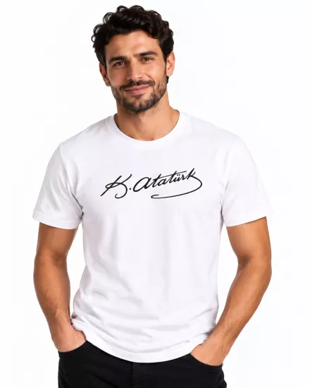 Etifa Atatürk İmzalı Beyaz Premium Unisex %100 Pamuk Siyah Baskılı Tişört